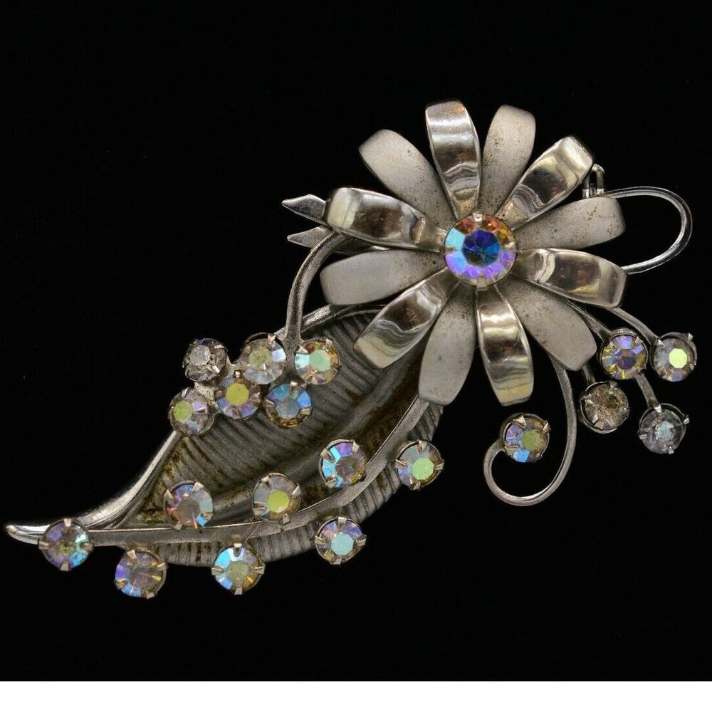 Kramer Vintage Flower Brooch Aurora Borealis Rhinestone Crystal Signed 50s Bin4